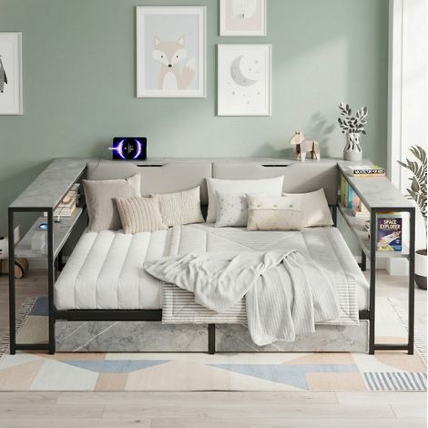Cama daybed tapizada gris 90x200 cm de MDF y metal con cabecero con almacenaje, USB/Type-C, 2 cajones y somier