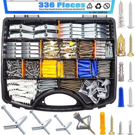 Kit 336 pièces chevilles placo vis autotaraudeuses autoperceuses nylon zamak boulons à bascule écrous papillon plaque de plâtre cloison sèche mur creux coffret (1/5)