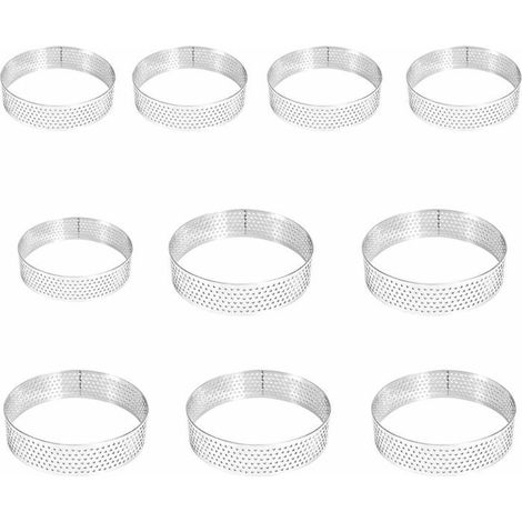 Cercles à tarte, lot de 10 cercles perforés en acier inoxydable de qualité alimentaire. Diamètres de 8 cm et 6 cm. Idéaux. (1/5)