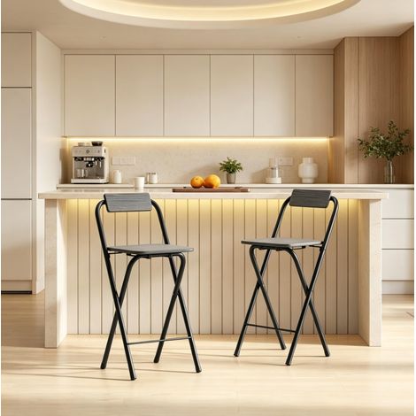 Set di 2 sgabelli da bar pieghevoli neri, 37×45×87 cm, con schienale e poggiapiedi (1/5)
