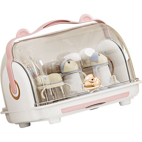 Caisse de rangement pour biberons avec couvercle, séchoir anti-poussière, organisateur de placard en plastique pour ustensiles de bébé rose (1/5)