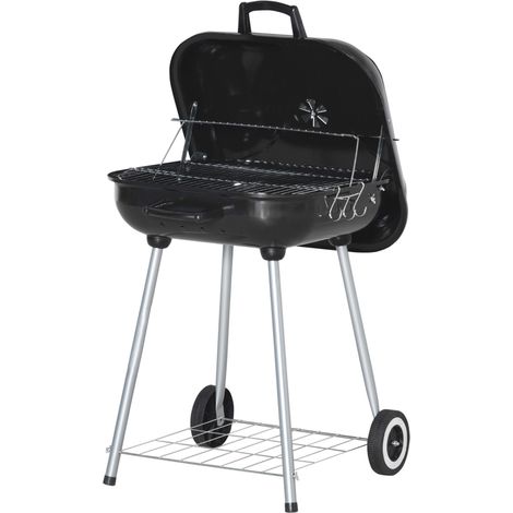 Outsunny Barbecue à charbon BBQ avec 2 roues, ustensiles, couvercle et étagère dim. 56L x 62l x 82H cm - métal émaillé noir (1/5)