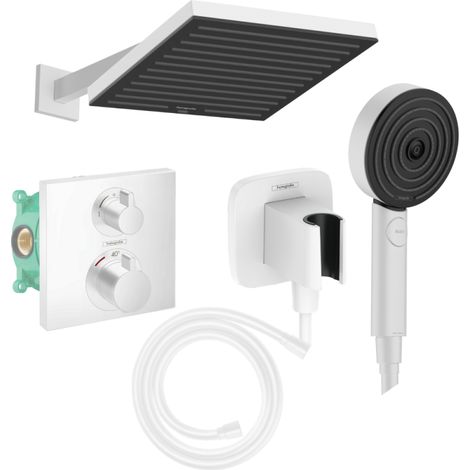 HANSGROHE Ecostat Square Columna de ducha termostática Pulsify S rociador Flexible Isiflex Pulsify teleducha blanco mate