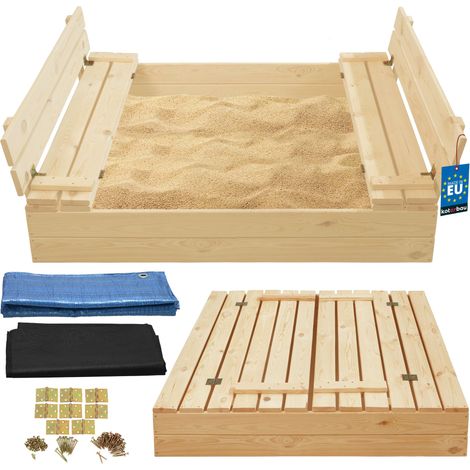 KOTARBAU® Bac à Sable Enfant Extérieur Bois 120x120 cm Naturel avec Couvercle et Bancs Bac à Sable Refermable Avec Tissu Anti-Mauvaises Herbes