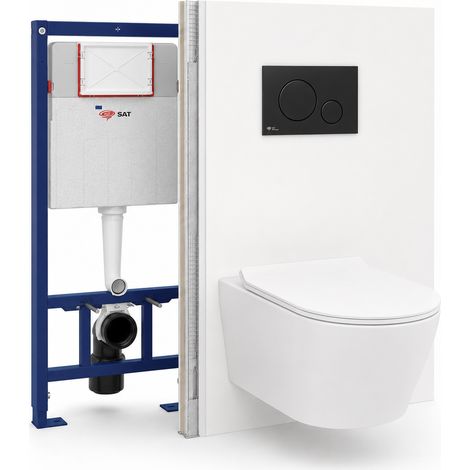 Pack WC suspendu complet avec bâti-support SAT, cuvette Vortex sans bride, plaque noire, économie d’eau (1/5)