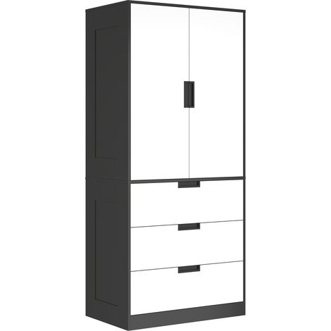 Modern 2 Door Wardrobe with 3 Drawers and Hanging Rod for Stylish Bedroom Storage in Black
