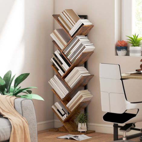 Libreria ad albero a 9 ripiani, mobile contenitore in stile industriale con struttura in acciaio, 50x24x136 cm, marrone rustico.