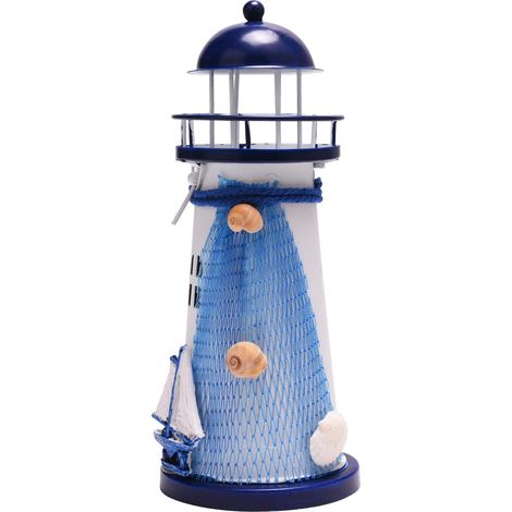 Photophore en Forme de Phare 18 cm - Petite Lanterne en métal - Décoration Maritime - Bougeoir pour Table, Chambre à Coucher ou Salon - Bleu et Blanc (1/5)
