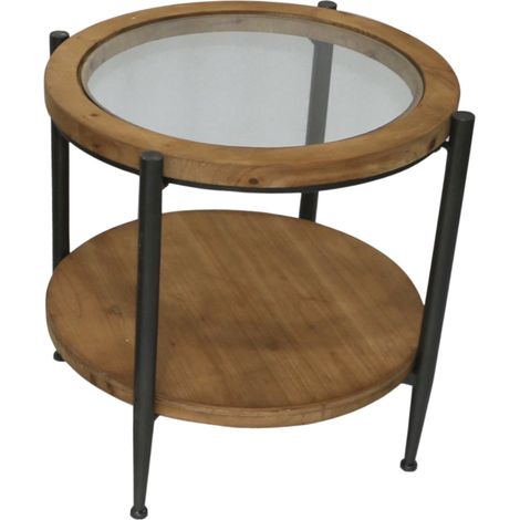 Tavolino rotondo in legno e metallo con piano in Vetro da Ø 53 x h 49 cm