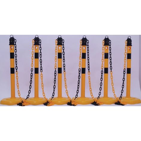 Juego de postes de bloqueo PU amarillo / negro con base hexagonal D63xH1000mm 6 postes y 5 cadenas