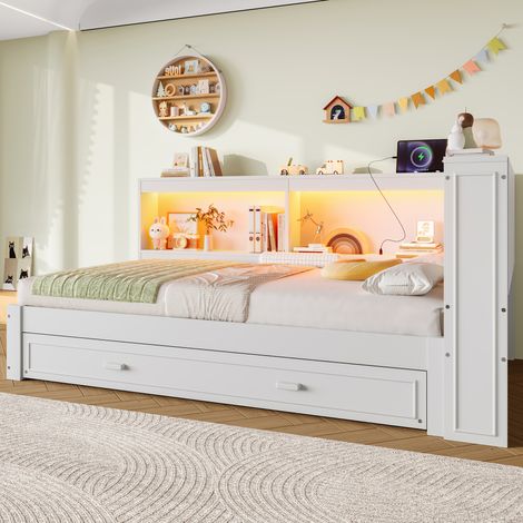 Canapé convertible 90x200 avec tiroir gigogne, éclairage LED intégré, prises USB et USB-C, sans matelas, blanc, meuble 2 en 1 pour chambre ou salon. (1/5)