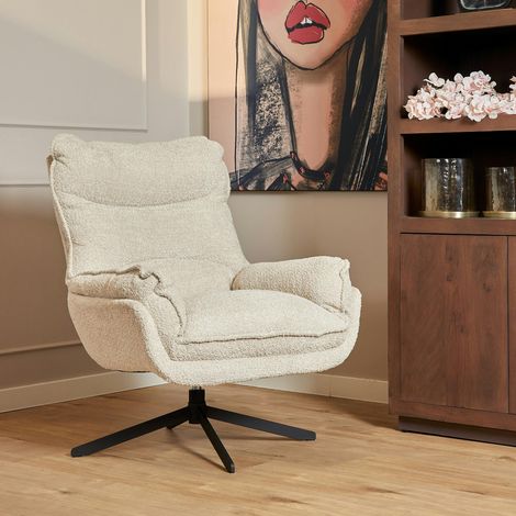 Fauteuil pivotant blanc crème en tissu bouclette BELORA (1/4)