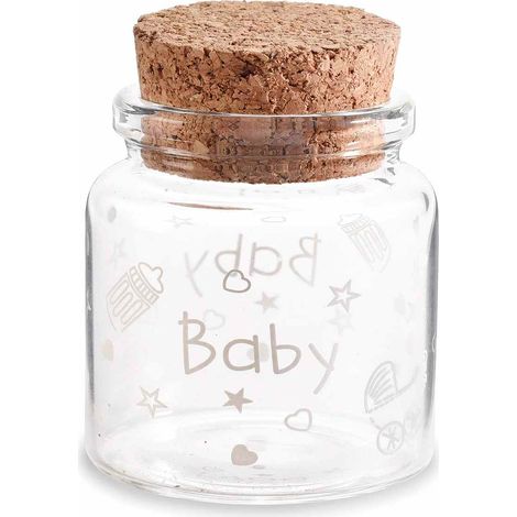 Éprouvettes en verre transparent décor Baby avec bouchon en liège, dragées de naissance, lot de 20, diam. 4,7 cm x H. 5 cm (5,5 cm avec bouchon)