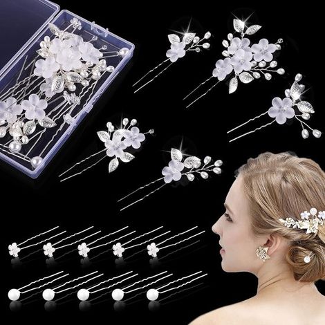 Hochzeits-Haarschmuck-Set – Perlenblumen-Haarspangen – U-förmige Strass-Haarspangen – Geeignet für Braut und Brautjungfern – Silber – 15-teiliges Set (1/5)
