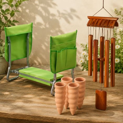 Set essenziale per la cura del giardino (3 pezzi) – Ginocchiera pieghevole, campanellino eolico e coni per l'irrigazione (1/5)