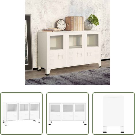 vidaXL Rangement -  Buffet industriel Blanc 105x35x62 cm Métal et verre (1/5)