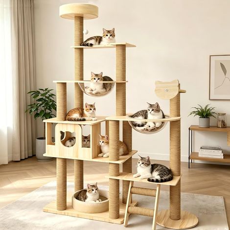 Arbre à chat en bois - Avec deux capsules de couchage, griffoirs, plateformes d'observation, un passerelle et des marches d'escalier - Convient aux grands chats - Grand arbre à chat avec (1/5)