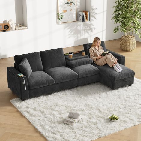Canapé d'angle convertible en tissu chenille – 2 accoudoirs avec rangements – Table basse dépliante intégrée – Ports USB et Type-C – Réversible gris (1/4)