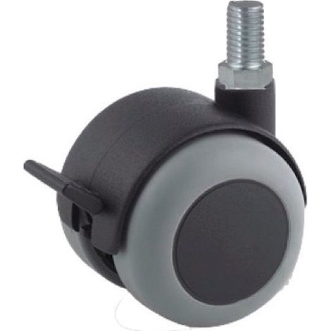 Roulette JUMELÉE pivotante à frein Ø 50 mm CAOUTCHOUC GRIS à tige filetée M8x15 (1/2)