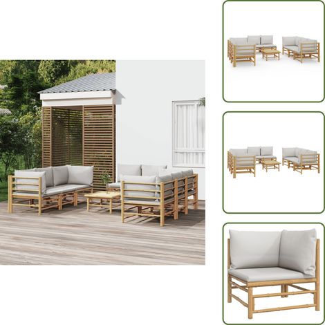 Cojines para sofás - vidaXL Set de muebles de jardín 9 piezas bambú y cojines gris claro - Muebles de bambú
