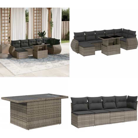 Salon de jardin 8 pcs avec coussins gris résine tressée - Salon De Jardin - Meuble Extérieur - Set Salon - Résine Tressée - Rotin Synthétique - Home & Living (1/5)