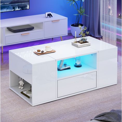 Mesa de centro con LED, 1 cajón y 6 compartimentos, 100 x 50 x 40 cm, blanco brillo DESVIAE (1/5)