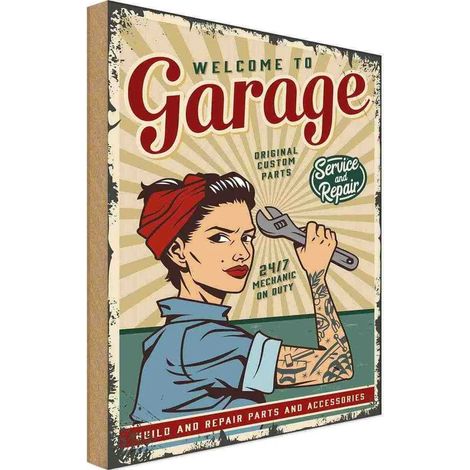 Panneau en bois 40x30 cm Pin-up Bienvenue Service garage 24h/24 et 7j/7 Pin-up (1/4)