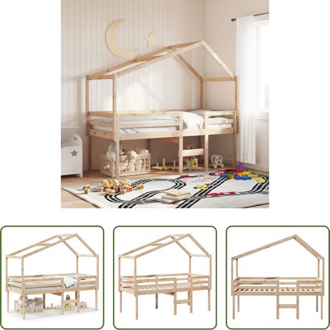 vidaXL Massivholz Bett - Hochbett mit Dach 75x190 cm Massivholz Kiefer (1/5)