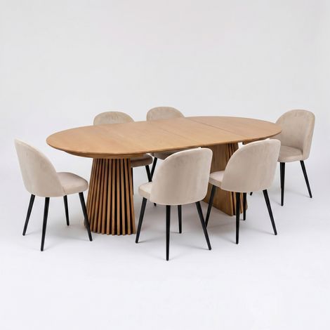 Tokyo Essgruppe Esstisch natur, 6 Stühle aus beigem Velours. (1/5)