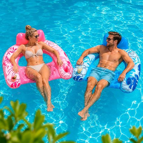 Colchón hinchable para piscina, 2 asientos hinchables azules y rosas para adultos, asiento hinchable para piscina con reposacabezas y portavasos. (1/4)