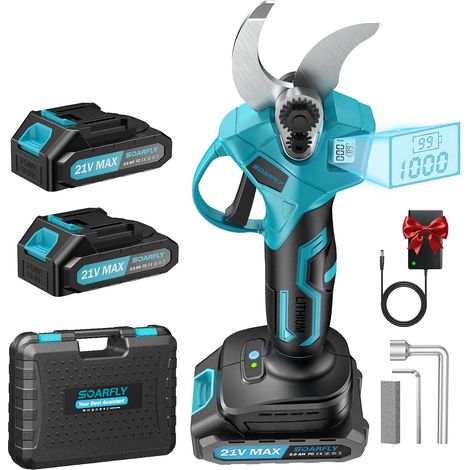 Sécateur Électrique Sans Fil, Sécateur Électrique, Akku Gartenschere 35 mm, 450W Brushless Motor, 2 x 21V Akku, SK5 Stahlklinge, LCD Anzeige, Für Obstbäume Gartenpflanzen Reben, Bleu (1/5)
