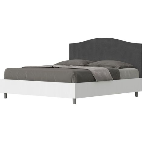 Letto Matrimoniale 160x190 cm con Rete e Contenitore Alzata Comoda Struttura Bianco Frassico e Testata in Microfibra Grace Grigio (1/5)