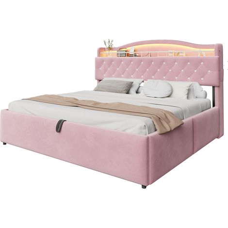 Polsterbett Doppelbett mit Stauraum, LED, USB, USB-C und Kopfteilfächern, 180 x 200 cm, ohne Matratze, Rosa (1/5)