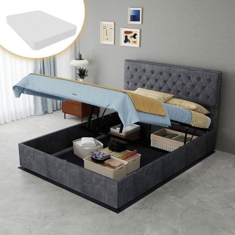 Lit Coffre 140x200 Avec Matelas Inclus - Lit Capitonné - Velours Gris, Grand Rangement, Sommier À Lattes, Tête De Lit Douce, Moderne (1/5)