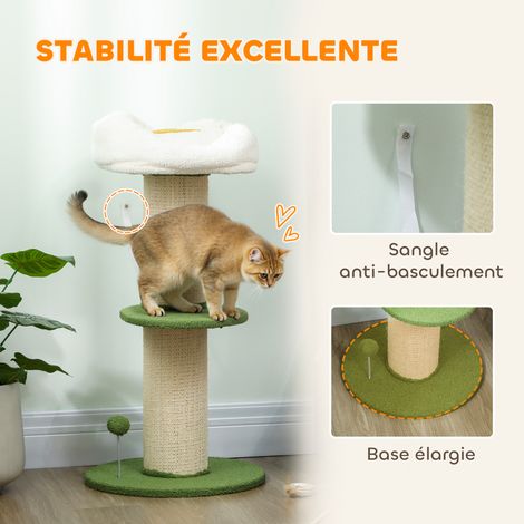 Arbre à chat à fleurs à 3 niveaux, tonneau à gratter pour chats plateforme et balle poteau en sisal, Ø 45 x 92 cm, vert (1/5)