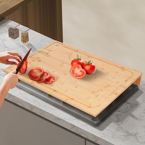 Planche à découper en bambou - Couvre-plaque de cuisson 75 x 54 x 10 cm - Plan de travail de cuisine avec rainures double fonction et pieds amovibles - Couvercle rectangulaire pour plaque de cuisson (1/5)
