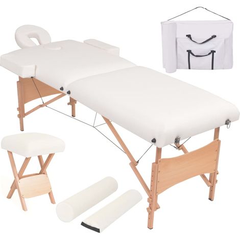 Table de massage à 2 zones avec tabouret pliable, assise de 10 cm, blanche (1/5)