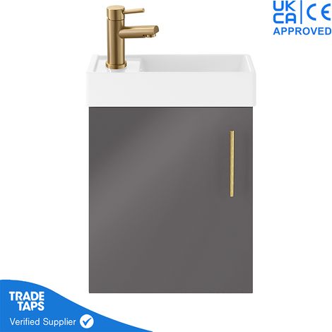 Grey Gloss Wall Hung Vanity Unit 400mm with Brushed Brass Tap, Waste & Handle (1/5)