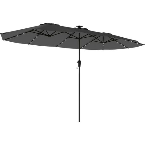 Outsunny sombrilla doble con 36 luces led solares, 4x2 m, sombrilla terraza exterior con manivela, upf50+, 12 varillas, resistente al agua, gris