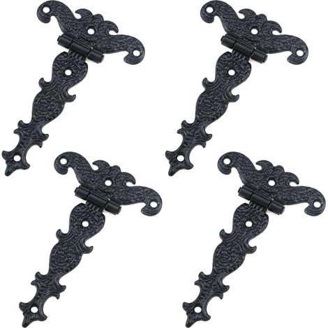 Charnière en T, alliage de zinc, charnière décorative en T, charnière de porte avec vis, 11,3 cm x 6,9 cm, noir, 4 pièces