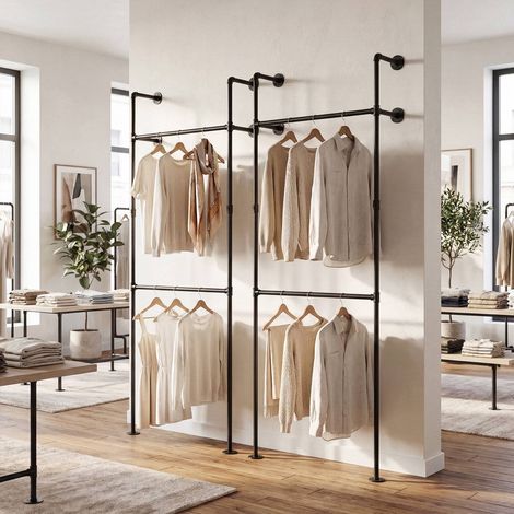 Wall Mounted Black Pipe Clothing Rack with 2 Rods (1/5)