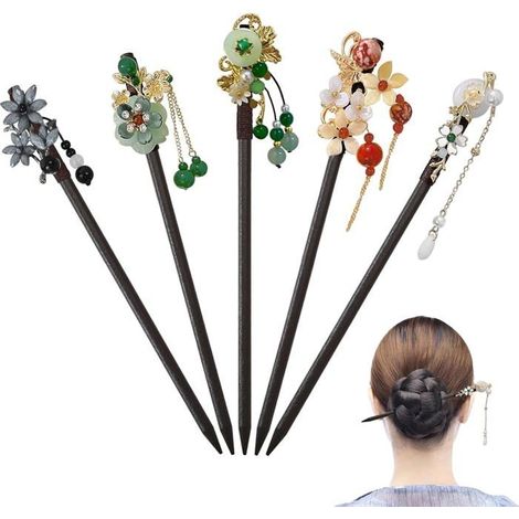 5-teiliges Vintage-Haarstäbchen-Set aus Holz, chinesische Haarnadeln, Haarschmuck für Damen mit Blumenverzierung (1/5)