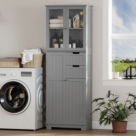 Meuble Salle de Bain Haut Rangement, 60x30x170 cm, Gris, Gain de Place, Étagères (1/5)