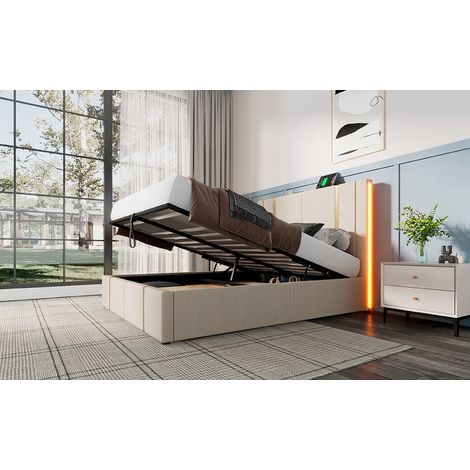 Cama tapizada 160x200 cm de lino beige con LED y USB, con almacenaje, sin colchón – MEUBLIV (1/5)