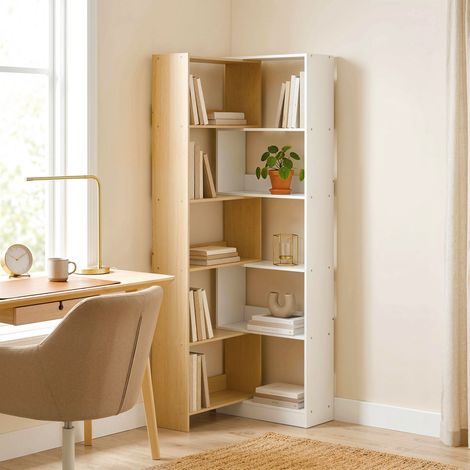 Bibliothèque d'angle rotative 350° à 5 niveaux. étagère de rangement extensible en forme L. 60-111x24x164cm. chêne (1/5)