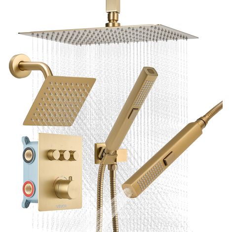 VEVOR Duschsystem-Set mit 12 Zoll Regenduschsystem / 6 Zoll Wandmontagekopf / 2 in 1 Handbrause, drehbarer Doppelregenkopf (3 Funktionen), Messingventil und Verkleidungssatz, gebürstetem Gold (1/5)
