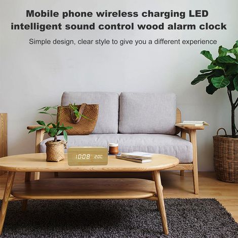 Réveil Digital Bois Chargeur Sans Fil 3 Alarmes LED Contrôle Vocal Date Température Lumière Réglable Cadeau Design Élégant (1/5)