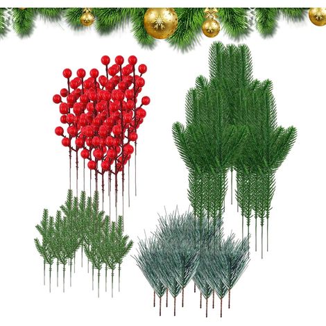 Branches de Pin Artificiel et Réaliste 60 Pièces de Tiges de Pin Vertes avec Baies Rouges Pour les fêtes de Noël, porche, porte, manteau de cheminée, table, (1/5)