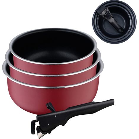 BERGNER Click&Cook Red Edition  Set di 3 casseruole da cucina da 16, 18 e 20 cm + manico rimovibile  alluminio pressato e antiaderente  tutti i tipi di cucine e forno