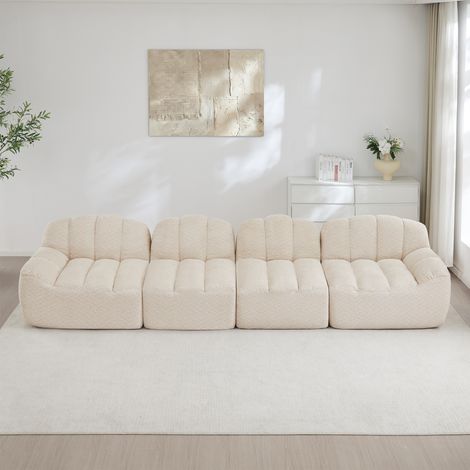 Canapé modulaire 4 places, canapé sans cadre, forme de coque, coussins d'assise profonds, aucun assemblage requis, velours, Beige et Blanc (1/5)